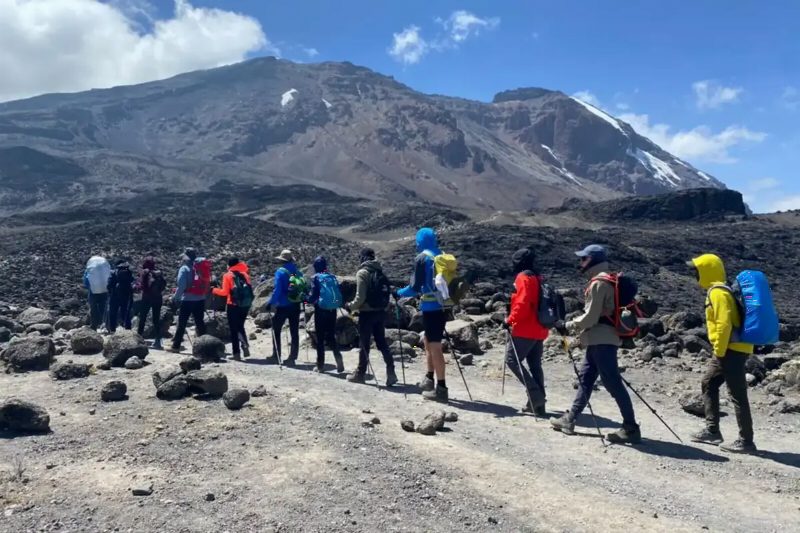 A line of trekkers in bright jackets on a stony path, with Kibo's summit rising behind them.