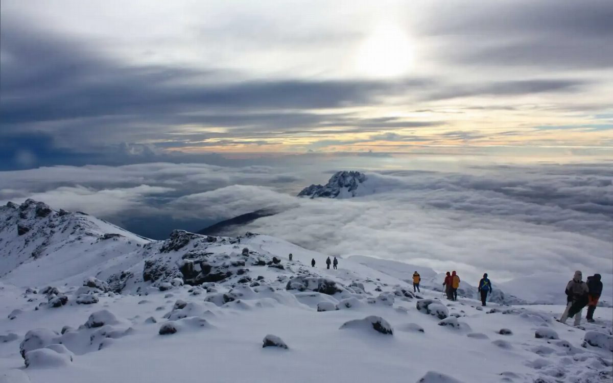 Climbers crossing the snowfields near the summit, high above a layer of cloud.