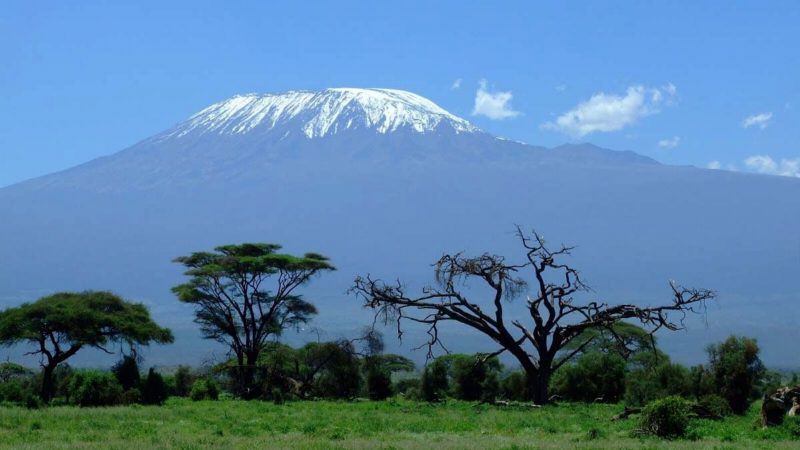 Kilimanjaro seen from the plains, its snow cap above a bank of haze and flat-topped acacias in front.